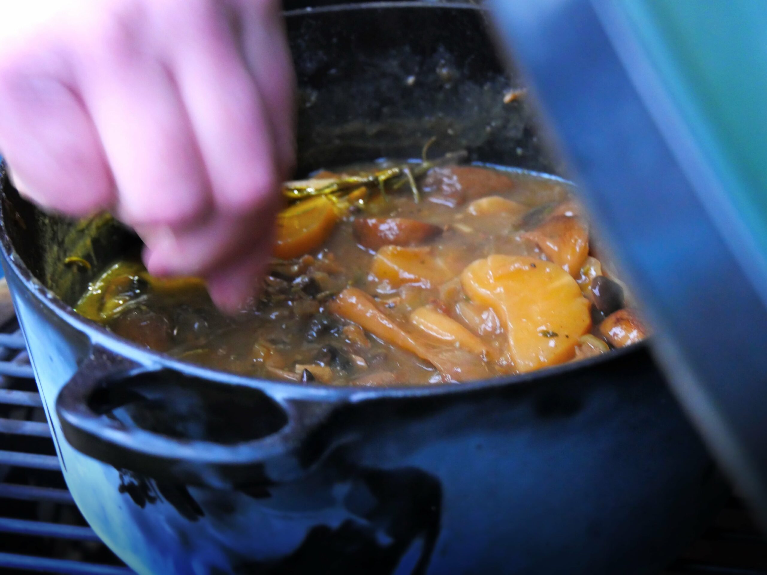 Stoofpotje-Paddestoelenstoof-Dutch-Oven-bereiding-kamado-bbq